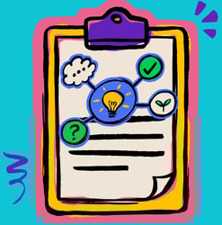 A clip board with a lightbulb, thought bubble, check mark, sprout, and question mark