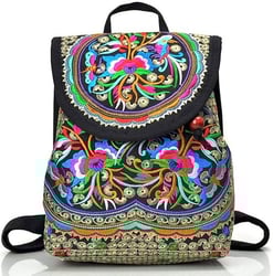 Vintage Embroidered Women Backpack Ethnic Travel Handbag Shoulder Bag, Boho, Floral, Pink, Blue, Red
