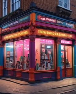 A colorful shop interior filled with a variety of items, including numerous shelves filled with decorative products. At the center is a vibrant auto-rickshaw adorned with Bollywood-themed artwork. The shop is adorned with hanging lamps and there's an array of products on display including trinkets, textiles, and ornaments.