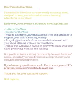 Letter to send home to parents, introducing a learning plan