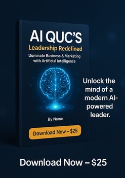 AI QUC’s eBook promotional banner showcasing AI-powered leadership strategies for business, available for $25