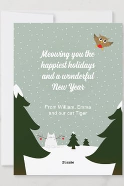 Cute customizable cat lover winter wonderland Christmas card with a snowcat, a mouse and an owl.