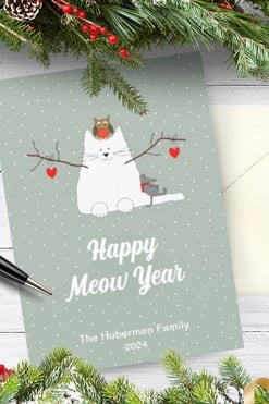 Cute customizable cat lover winter wonderland Christmas card with a snowcat, a mouse and an owl.