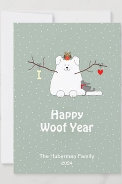 Cute customizable dog lover winter wonderland Christmas card with a snowdog, a mouse and an owl.