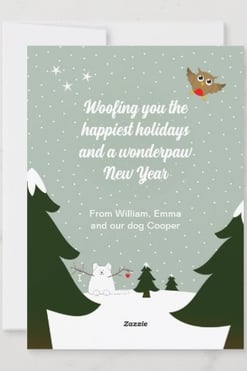 Cute customizable dog lover winter wonderland Christmas card with a snowdog, a mouse and an owl.