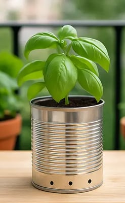 Jeune plant de basilic cultivé dans une boîte de conserve recyclée, posée sur une table en bois
