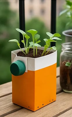 Brique alimentaire recyclée en pot de culture, contenant de jeunes pousses, posée sur une table