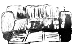 Ilustração de um sofá velho e abandonado com a parte inferior destruída.