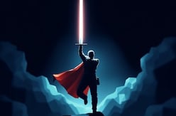 a person holding a glowing sword skyward