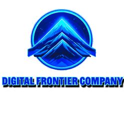 a blue and white logo with the words digital frontier