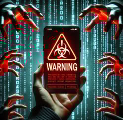 a person holding a cell phone with a warning sign