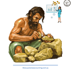 A man carving gold bars, with a woman in the background pointing to a graph.