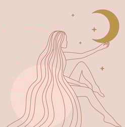 Illustration d’une femme tenant la lune dans sa main, symbolisant intuition et mystère.