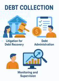 Illustration representing debt collection services. The title at the top reads 'Debt Collection.' Be