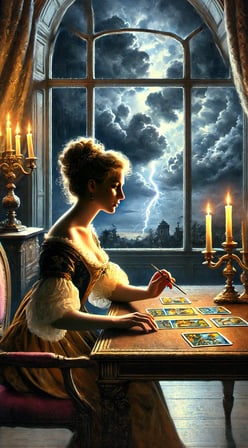 Uma mulher com trajes do século XIX estuda cartas de tarot na mesa à sua frente, à luz de velas