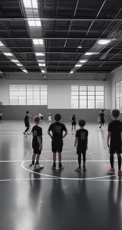A soccer coach instructs a young player on a field set up with orange cones. The coach, dressed in black with red shoes, gestures towards the player in a pink shirt and black shorts. Other children in sports attire are visible in the background, with a soccer net and a red banner for the Milan Academy nearby.