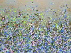 a painting of a field with flowers and a sky background