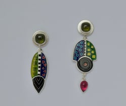 Enamel earrings w/Vesuvianite, pink Tourmaline