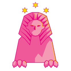 A stylised drawing of a pink Egyptian Sphinx with three gold stars above its head