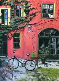 Red house, acrylic painting, Mag Wilk
