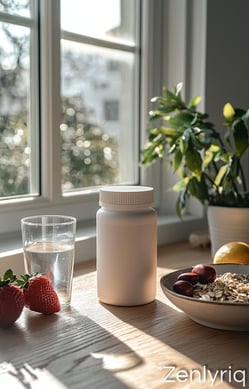 bright kitchen with a glass of water and supplements, evoking a joint-friendly morning routine