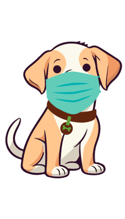 Julia's Pet Pals dog mascot with a covid-19 face mask