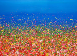 a painting of a field with flowers and a blue sky