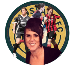 a woman in a black top and a soccer player in a red shirt