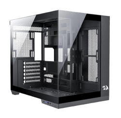 a black computer case with a glass door