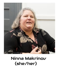 Ninna is a white mid fat middle aged woman. She has natural white hair.
