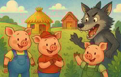 three pigs in a field with a wolf