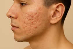 Perfil facial mostrando cicatrices de acné en la mejilla