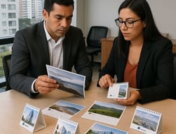 Cliente y diseñador revisando muestras de calendarios personalizados para empresas en Lima, con diferentes diseños y logos so