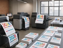 Imprenta digital moderna en Lima produciendo calendarios 2026 de alta calidad en distintos formatos, con impresoras y control