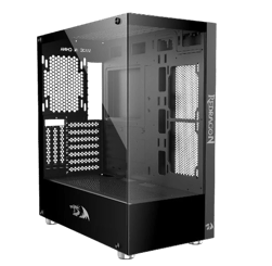 a black and white computer case with a glass door