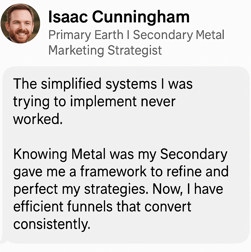 Testimonial Earth + Metal Archetype: A marketing strategist shares their success of their funnels by refining their framework