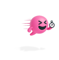 Blabit bubble with closed happy eyes speeding along with motion lines while holding a stopwatch