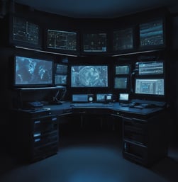 a desk with multiple monitors in a dark room with a blue hue