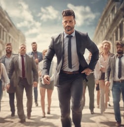 a man in a suit and tie walking down a street