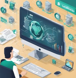 The picture shows someone sitting in front of a computer working, along with other devices.