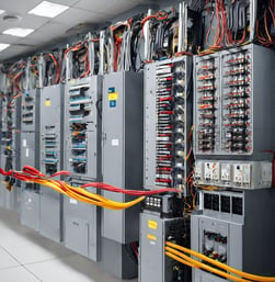 a large group of electrical equipment in a room