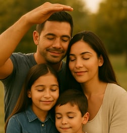 Padre protegiendo con su mano a su familia, concepto visual de seguro de vida
