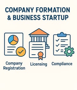 Illustration representing company formation and business startup services. The title at the top read