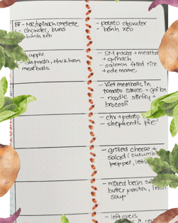 Food planner detailing dinner plans for the week