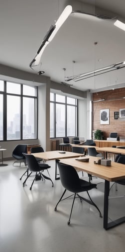 A sleek modern interior space featuring a long corridor with wooden flooring and ambient lighting. The area is bordered by large glass windows revealing an outside view. On the right, there is wall-mounted cabinetry and a control panel. The ceiling has visible pipes and ducts.