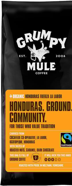 Paquet de café 'Grumpy Mule | Honduras Fuerza La Labor' moulu.