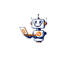 a robot with a laptop on a desk
