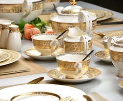 Golden Dining Premium crockery for rent provided by Royal Crockery and Counters