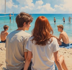 Link alla pagina "Campeggio". L'immagine è uno sketch di due giovani in spiaggia
