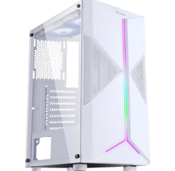 a white computer case with a rainbow colored light